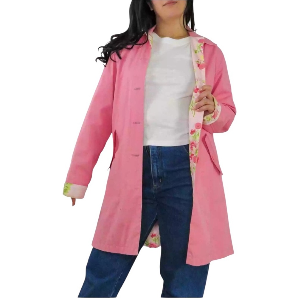 Vintage Pink Floral Reversible Button Flap Pockets Collared Jacket Coat Size XL - Picture 2 of 16